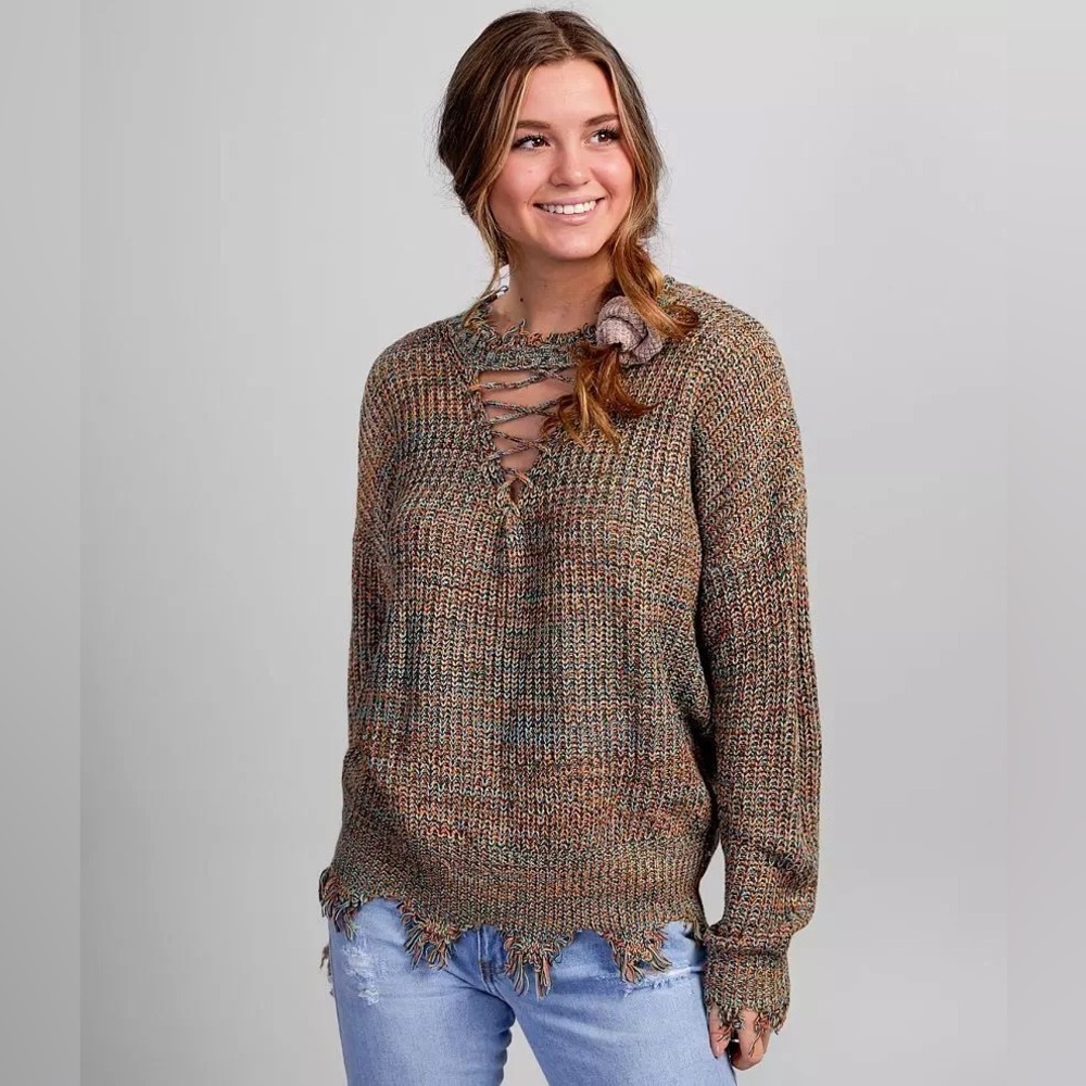 Tiffany & Grey Multicolor Brown Blue Orange Distressed V-Neck Sweater size L